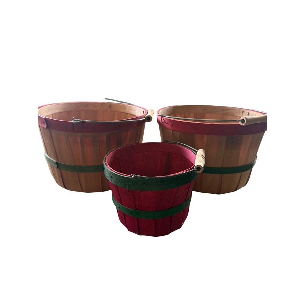 3pc Wooden Bushel Basket Set Red Green Farmhouse Christmas Decor Gift Baskets